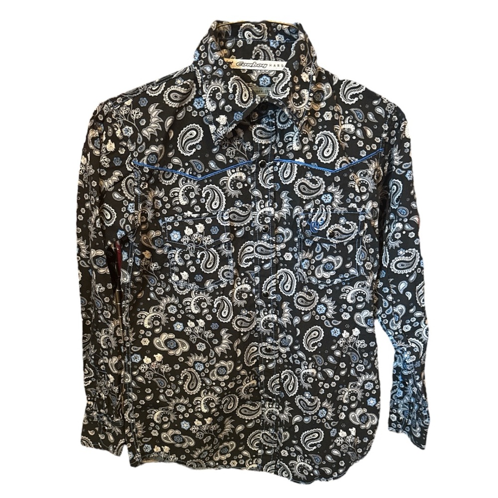 Kids Black blue Paisley Cowboy Hardware shirt with black pearl snaps